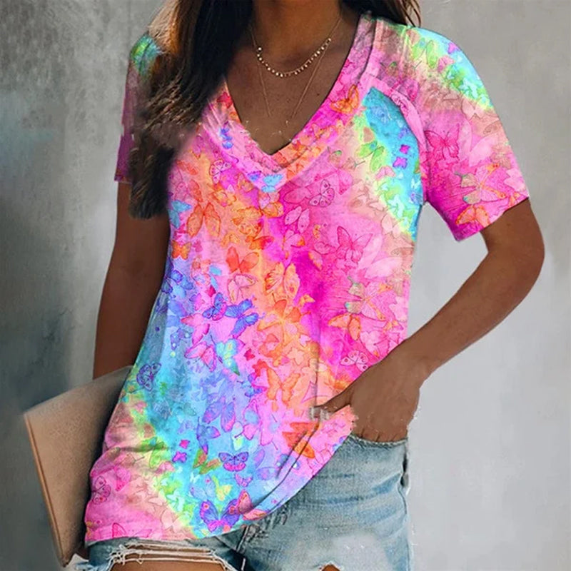 V-neck Rainbow Butterfly Printing Women's Cozy T-shirts