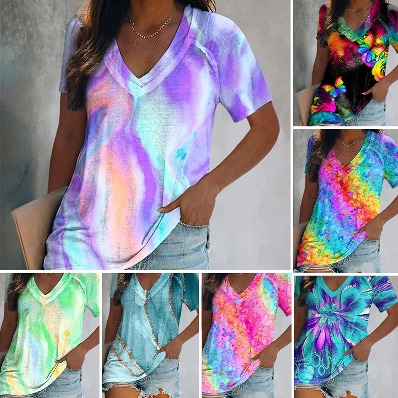 V-neck Rainbow Butterfly Printing Women's Cozy T-shirts