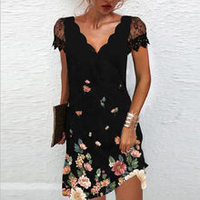 Load image into Gallery viewer, Women&#39;s V Neck Lace Short Sleeve Printed Dress
