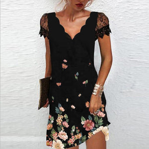 Women's V Neck Lace Short Sleeve Printed Dress