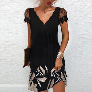 Women's V Neck Lace Short Sleeve Printed Dress