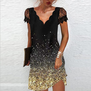 Women's V Neck Lace Short Sleeve Printed Dress