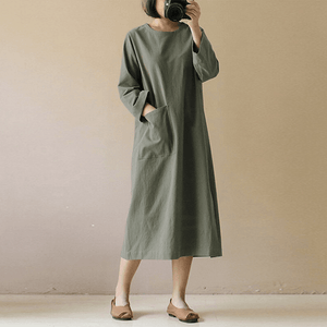 Vintage Cotton Linen Long Sleeve Dress