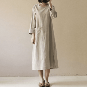 Vintage Cotton Linen Long Sleeve Dress