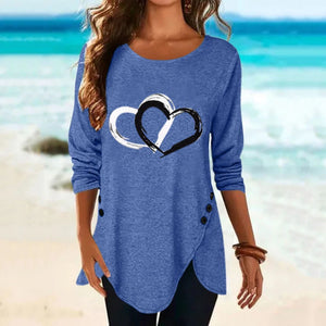 Women's Heart Print Irregular Long Sleeve T-shirt