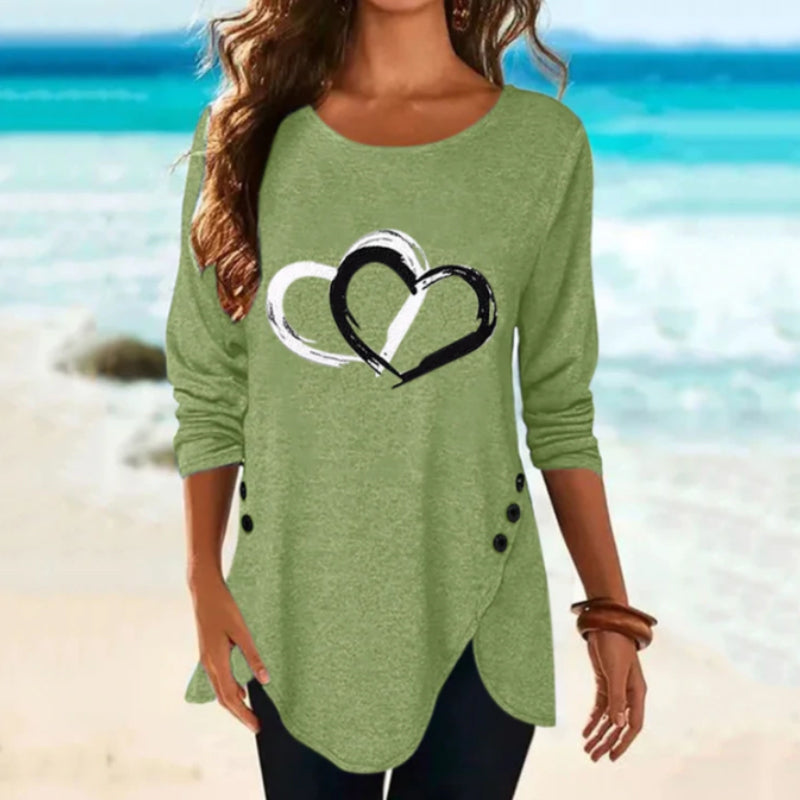 Women's Heart Print Irregular Long Sleeve T-shirt