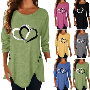Women's Heart Print Irregular Long Sleeve T-shirt