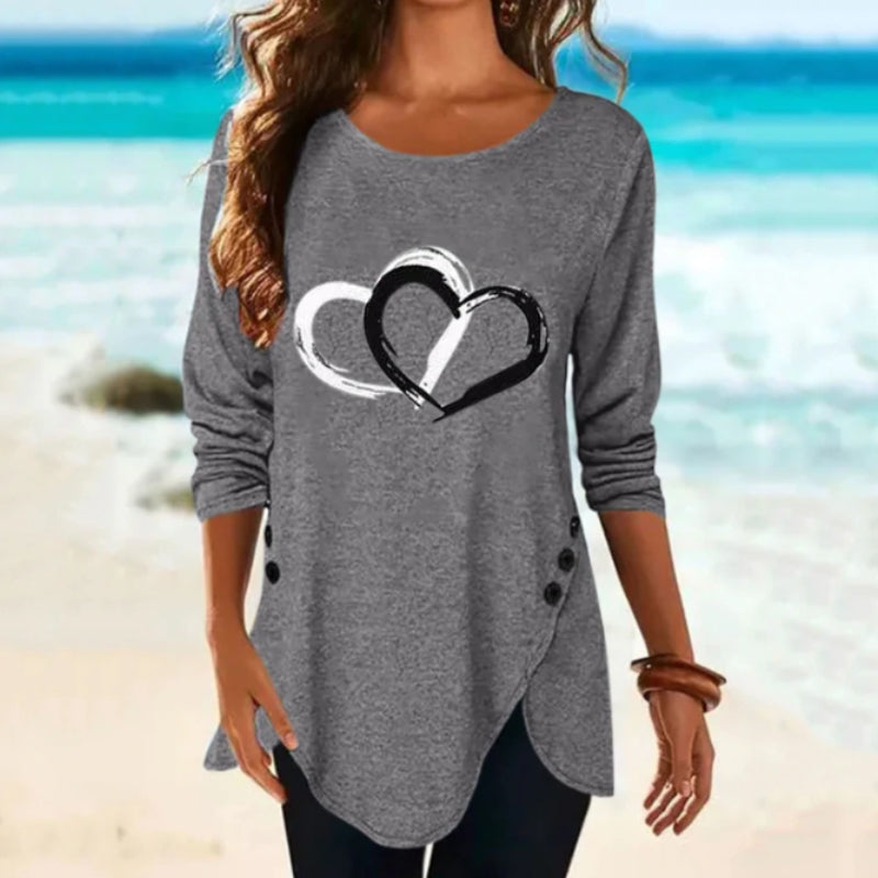 Women's Heart Print Irregular Long Sleeve T-shirt