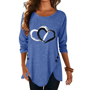 Women's Heart Print Irregular Long Sleeve T-shirt