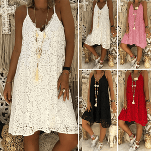 Women's Summer Plain Sleeveless V-neck Sling Lace Loose Dress