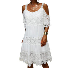 Load image into Gallery viewer, Lace Solid Shift Cold Shoulder Short Sleeves Midi Elegant Dresses
