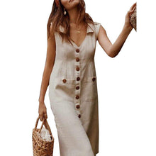 Load image into Gallery viewer, Ladies V-Neck Single Breasted Slim Fit Cotton Linen Dress
