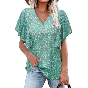 Short-sleeved blouse with V-neck and flower print