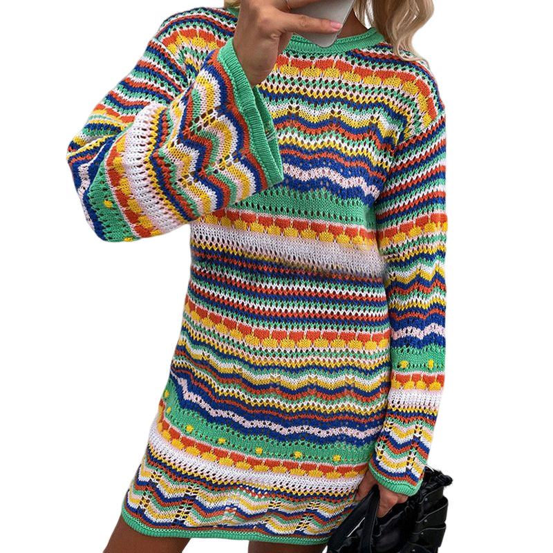 Crewneck Rainbow Striped Knit Sweater