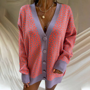 Color Block Plaid Knit V-Neck Cardigan