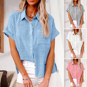 Women's Solid Color Pocket Short Sleeve Cotton Linen Shirt
