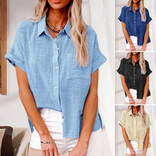 Load image into Gallery viewer, Women&#39;s Solid Color Pocket Short Sleeve Cotton Linen Shirt
