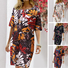 Load image into Gallery viewer, Floral Print Split O-neck Half Sleeve Casual Cotton Dress
