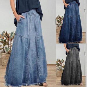 Women Distressed Solid Color Elastic Waist Loose Denim Skirt
