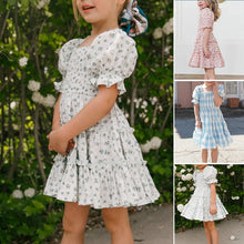 Load image into Gallery viewer, Children&#39;s Square Neck Lantern Sleeve Floral Plaid Dress
