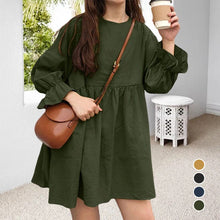 Load image into Gallery viewer, Long Sleeve Pleated Mini Cotton Linen Dress
