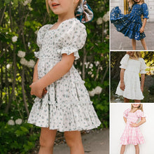 Load image into Gallery viewer, Children&#39;s Square Neck Lantern Sleeve Floral Plaid Dress
