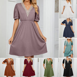 V-neck Long Pocket Casual Dress