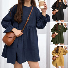 Load image into Gallery viewer, Long Sleeve Pleated Mini Cotton Linen Dress
