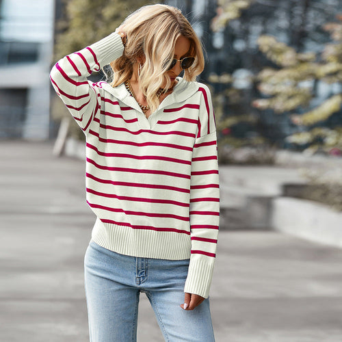 Lapel Striped Long Sleeve Sweater