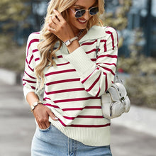 Load image into Gallery viewer, Lapel Striped Long Sleeve Sweater
