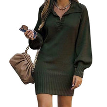 Load image into Gallery viewer, Lapel Lantern Sleeve Knit Solid Color Sweater Dress
