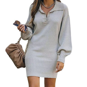 Lapel Lantern Sleeve Knit Solid Color Sweater Dress