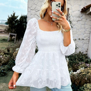 Square Neck Floral Shirred Peplum Blouse