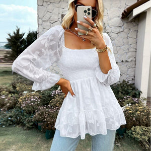 Square Neck Floral Shirred Peplum Blouse