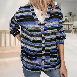 V-Neck Knit Button Stripe Cardigan