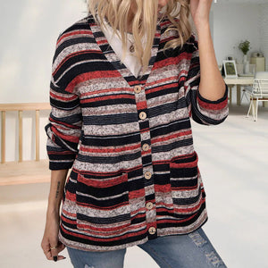 V-Neck Knit Button Stripe Cardigan